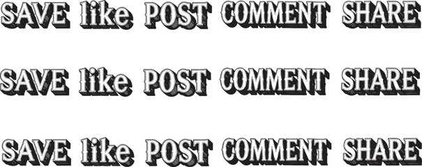 Social media action words save like post comment share in vintage relief typography design. © TREND AND VECTORS