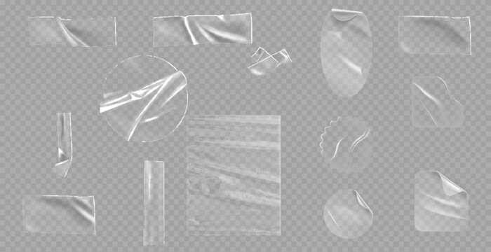 Transparent adhesive plastic tape pieces and cross for fixing isolated on transparent background. Crumpled glue plastic sticky tape for photo and paper fixture.