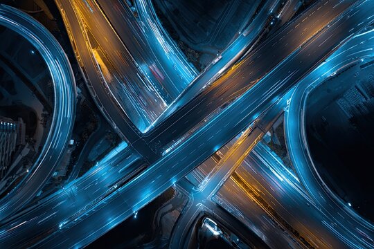 An aerial view showcases a complex highway interchange illuminated by vibrant light trails at night, creating a mesmerizing abstract pattern.