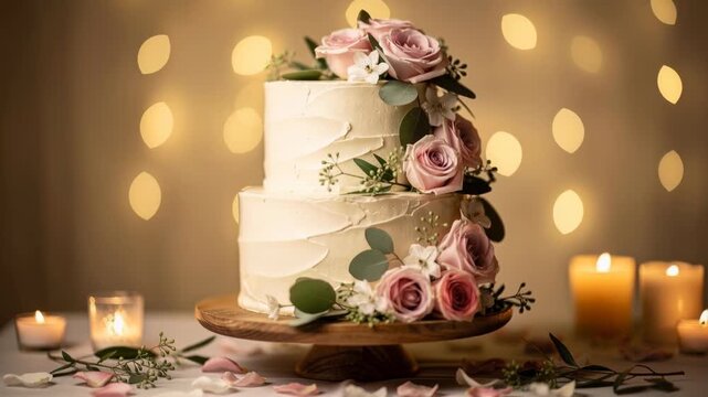 Elegant two-tier wedding cake decorated with pink roses and soft candlelight for romantic celebration