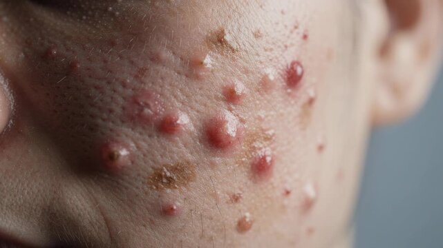 Close up of severe acne and skin inflammation on a person's cheek with red pimples and blemishes