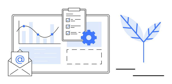 Business strategy, task planning, eco-friendly practices, data analysis, organization tools, growth metrics. Graph, checklist gear email and leaf icon illustrate . Business planning