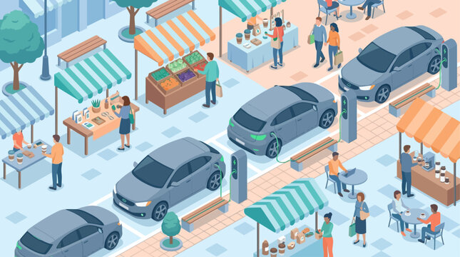 Isometric Street Market with Electric Vehicles Charging at Charging Stations, Sustainable City Life and Urban Infrastructure Concept, Vector Illustration