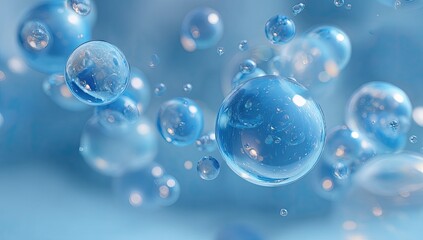 Fototapeta premium A mesmerizing abstract image showcases a multitude of shimmering, translucent spheres suspended in a cool, blue-toned environment, evoking a sense of fluidity and ethereal beauty.