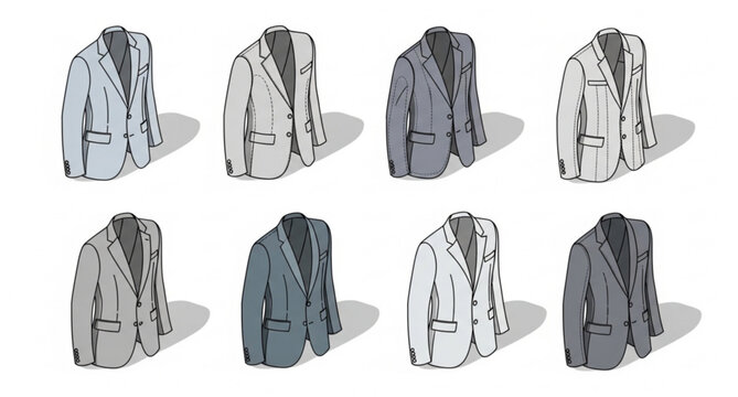 Monochrome mens suit jacket technical sketches lapel styles vector illustration isolated on white background
