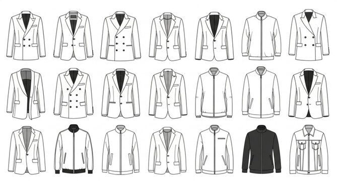 Mens suit jacket blueprint technical sketches tailoring vector illustration isolated on white background
