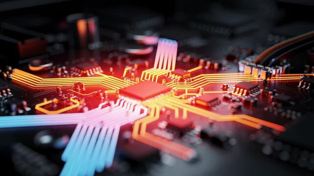 Close up of glowing high tech computer circuit board with microchips and illuminated pathways