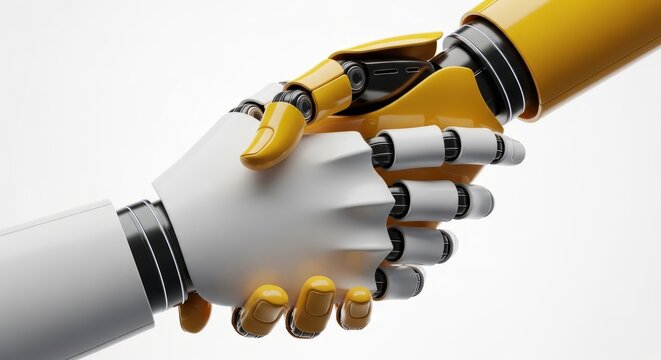 Two robotic hands one white and one yellow are shaking hands in a symbol of artificial intelligence partnership and cooperation