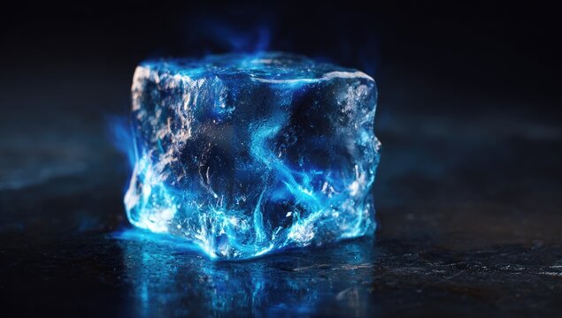 Abstract Blue Fire Burning Ice Cube on Dark Reflective Surface.