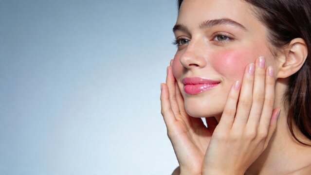Closeup portrait of beautiful young woman touching her smooth face healthy skin care concept natural beauty gentle makeup serene expression soft studio lighting isolated on light