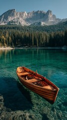 Obraz premium Crystal Lake Serenity: Wooden Boat Amid Alpine Peaks and Evergreen Forests