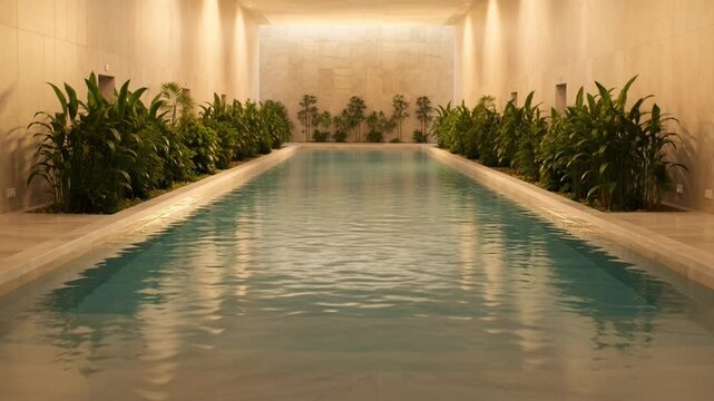 Luxury Indoor Swimming Pool with Marble Walls and Tropical Plants
