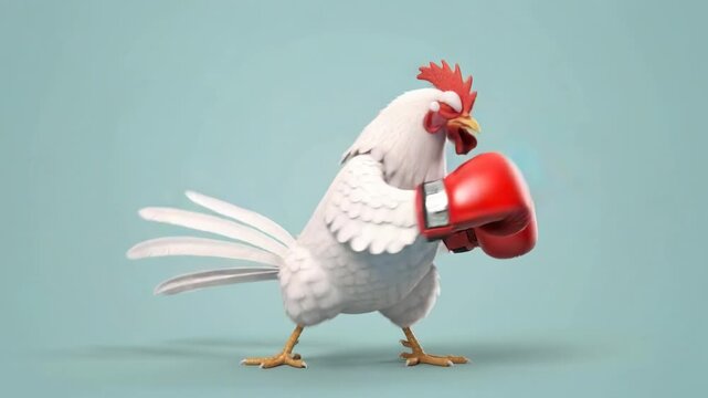 Funny white rooster wearing red boxing gloves ready to fight against blue background