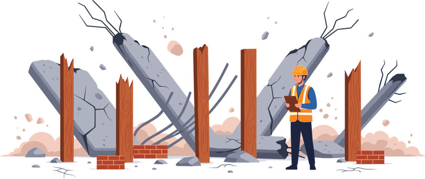 Construction site vector illustration with collapsed structure inspection