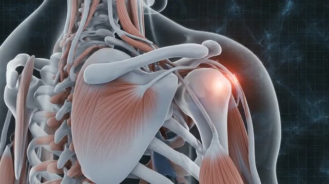Human skeleton and muscles with highlighted shoulder joint in medical scan
