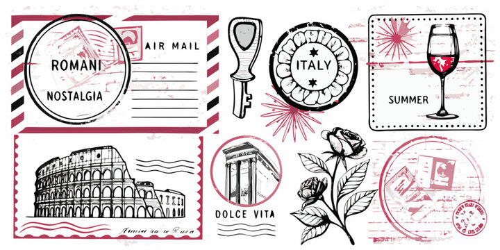 collection of italian themed stamps and illustrations