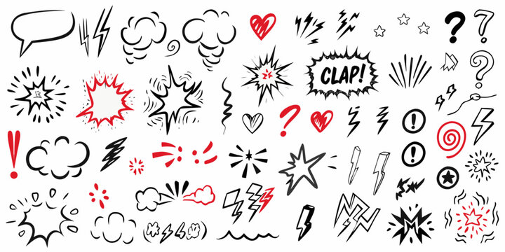 collection of hand drawn comic book symbols on white background