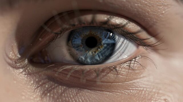Close up of a blue human eye with detailed iris texture and natural eyelashes in high resolution