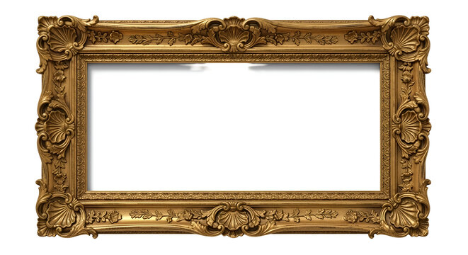 Ornate golden picture frame with carved vintage details; Rococo style frame for displaying artwork or photography on a black backdrop