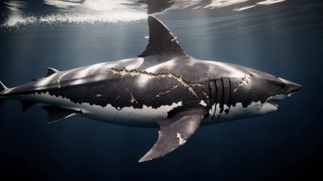 Close up of great white shark swimming underwater with rays of sunlight in the ocean