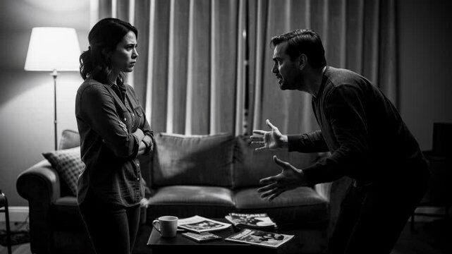 Emotional black and white photo of couple having intense argument in living room