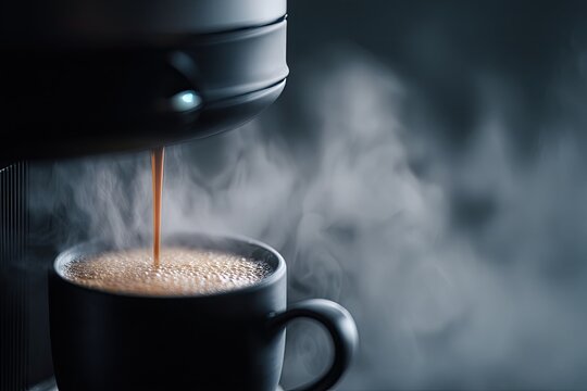 A close-up shot captures the moment hot coffee is brewed into a dark mug, with rising steam.