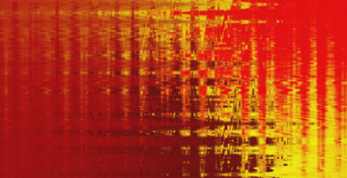 Vibrant red and yellow hues swirl in abstract digital pattern. Textures mimic data streams or pixelated flames. Dynamic gradients evoke energy, motion, or digital transformation