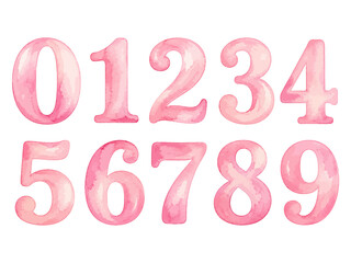 A charming watercolor set of pink numbers featuring digits 0 to 9 with soft pastel texture designed for cards and print. © liana