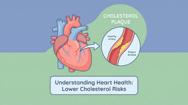 Educational healthcare illustration and diagram of human heart anatomy showing cholesterol plaque buildup in an artery. concerning look at cardiovascular disease and its risks