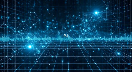 Naklejka premium Neural network nodes connected in blue digital cyberspace grid background