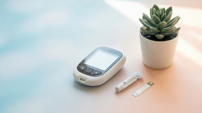 Minimal diabetes testing concept with blood glucose meter on soft pastel background. This clean composition for wellness monitoring shows calm approach to healthcare
