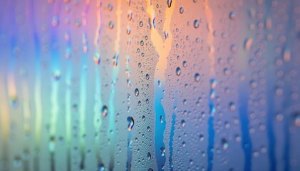 Naklejka premium Rainbow Tears: Delicate raindrops cascade down a pane of glass, creating a mesmerizing display of colors and light, evoking a sense of calm and ethereal beauty.