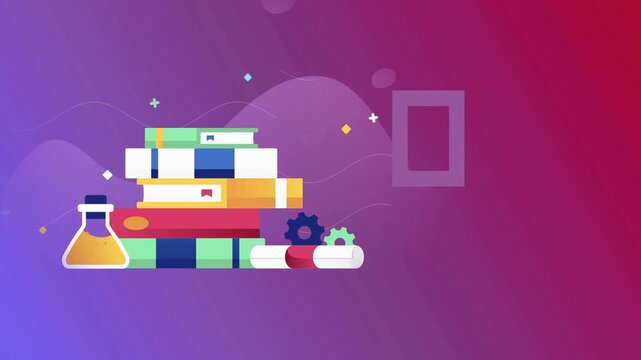 Science education concepts animation features a stack of books with a lab flask and diploma.