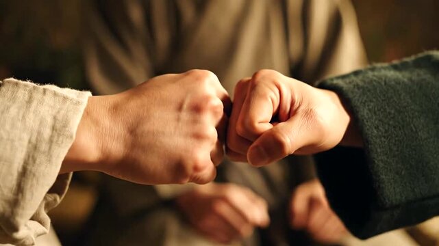 Two people greeting each other with a friendly fist bump gesture.