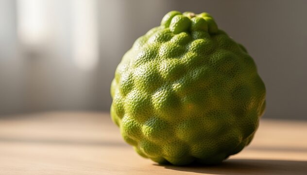 Kaffir Lime Still Life: A close-up shot of a single kaffir lime, displaying its unique bumpy texture and vibrant green color, sits on a wooden surface, bathed in natural light.