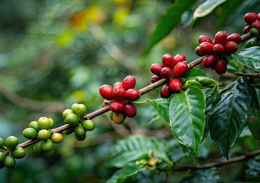 Close-up of ripe red and unripe green coffee cherries on a branch.