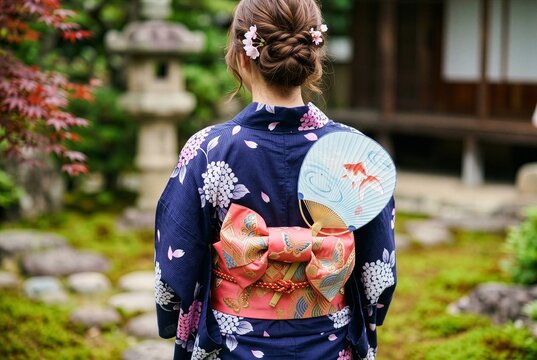 Close up of Japanese Yukata obi and paper fan uchiwa from back