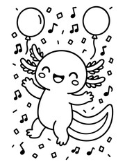 Obraz premium Festive Axolotl's Celebration: A joyous axolotl, balloons, and musical notes in a celebratory dance of joy, capturing a mood of celebration and merriment.
