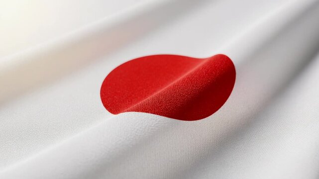 Close up of the Japanese flag fabric with vibrant red circle and white background waving smoothly