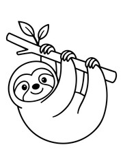 Fototapeta premium Smiling Sloth Silhouette: A delightful illustration showcases a charming sloth hanging from a tree branch, bringing a sense of calm and happiness. 