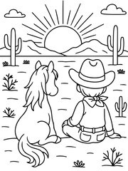 Obraz premium Cowboy and Horse in the Desert: A young cowboy and his trusty horse gaze out at a beautiful desert sunset. Featuring detailed line art.