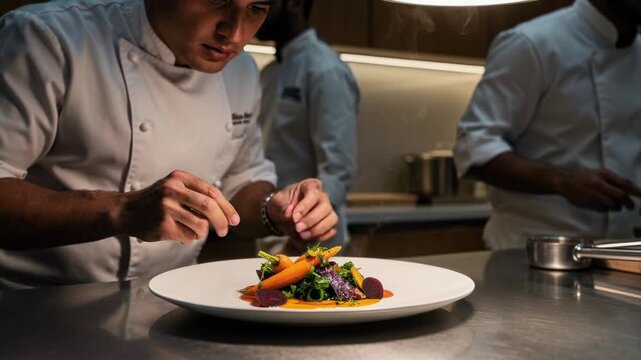 Professional chef plating gourmet vegetable dish in a modern kitchen with focused culinary presentation