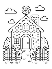 Fototapeta premium Gingerbread House illustration: An illustrated view of a quaint gingerbread house with a candy cane fence. It's a whimsical, cheerful, and festive scene.