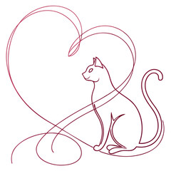 Single line drawing of cat and heart shape. © Aja