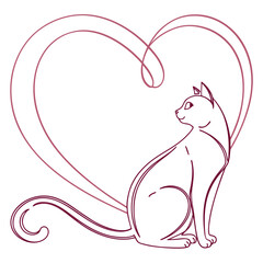 Elegant cat silhouette inside a flowing heart outline. © Aja