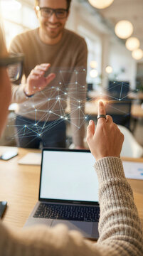 Colleague using smart ring to touch virtual hologram during office meeting