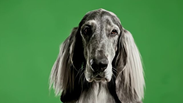 Close-up Portrait of a Saluki Dog with Fluffy Grey Fur and Water Droplets Against a Vibrant Green Background