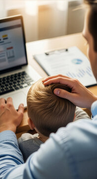 Working father stroking child head while analyzing laptop charts at home