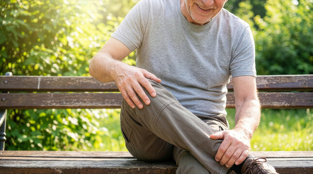 Senior caucasian man doing seated glute stretch on bench for sciatica relief