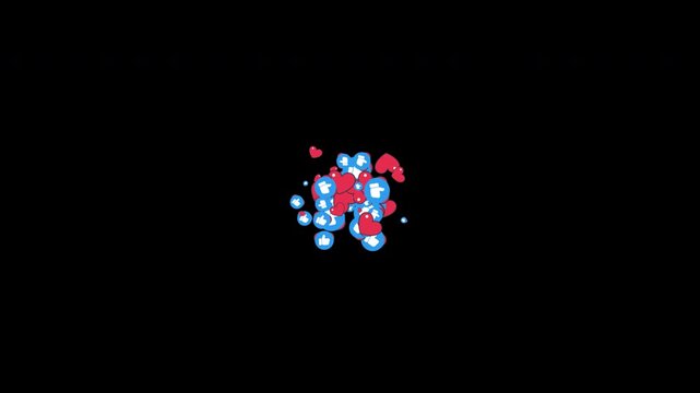 Social media reaction burst animation, like heart emoji explosion, notification icons burst, engagement reaction effect, floating social icons animation, viral reaction particles, colorful emoji burst